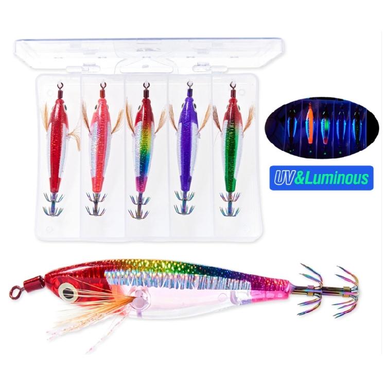 Squid Fishing Lure Set with 5 Solid Forms, Reflective Finish, Horizontal Sinking Action, Feather Skirts and Tail Point Design for Shoreline Use
