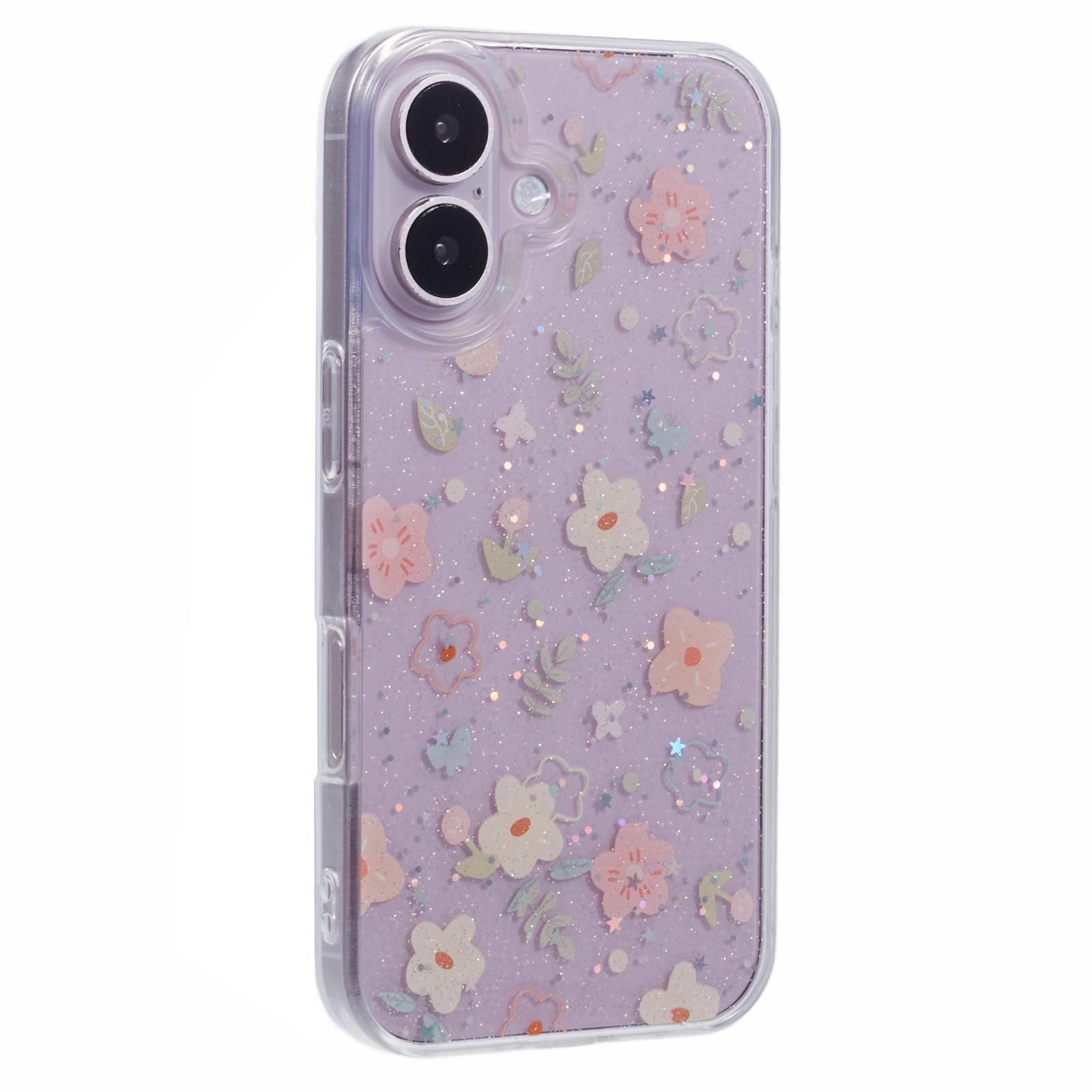 For iPhone 16 Plus Case Glitter Flower Epoxy Shockproof Phone Cover B