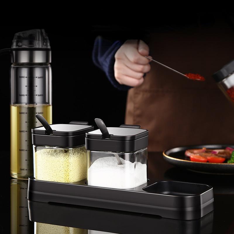 3pcs Seasoning Box Set Glass Spice Container Jar Set Kitchen Sealed Salt Shaker with Lid with Spoon with Tray Seasoning Bottle