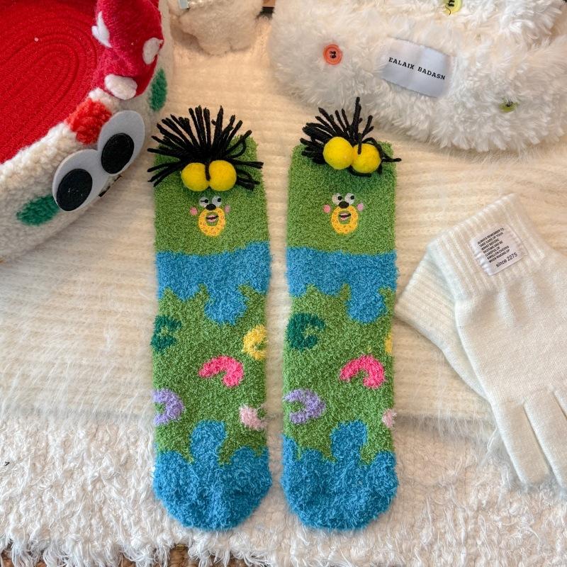 Coral fleece socks women's embroidery funny expression socks clown socks winter warm cute cartoon doll medium tube socks