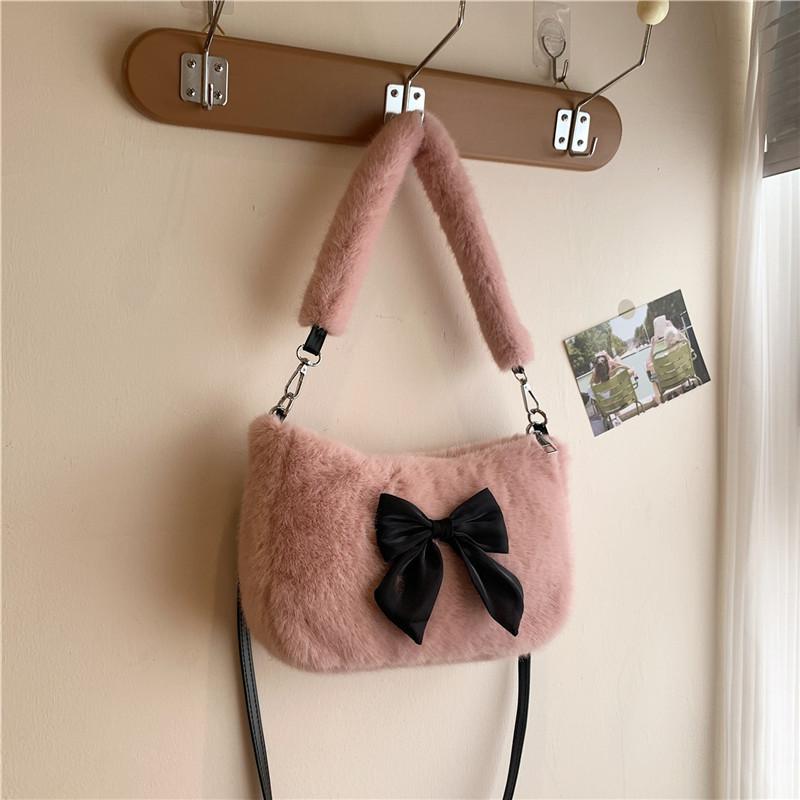 Handheld fluffy women's bag, new autumn and winter plush bag, cute bow small square bag, shoulder messenger bag.