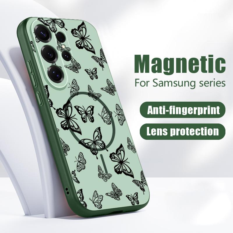 Line Rose Butterfly Floral Pattern Case For Samsung Galaxy S26 Ultra S25 Edge S24 Plus S23 FE S22 A17 A54 A55 A56 A57 5G Magnetic For Magsafe Cover