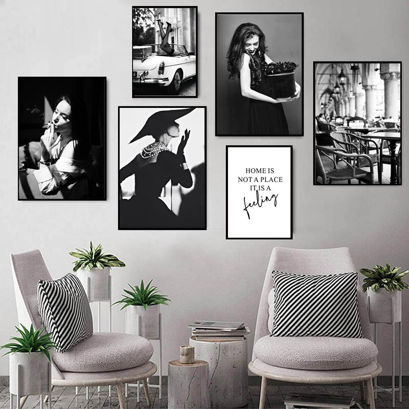 Postere de modă alb-negru, pictură pe pânză peisaj stradal, frumusețe, artă de perete, imagini decorative pentru cameră nordică, decor HD0094