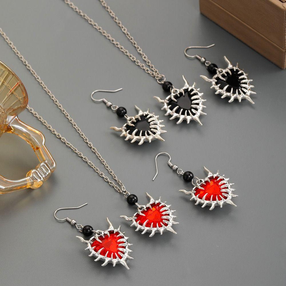 Zinc Zinc Alloy Black Necklace Earring Set Luxury Dangle Earrings Set Thorn Love Pendant Necklace  Gift