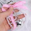 Cartoon Plaid Ribbon Bow Key Chain Pearl Phone Pendant Cute Balletcore Keychain  Bag Hanging