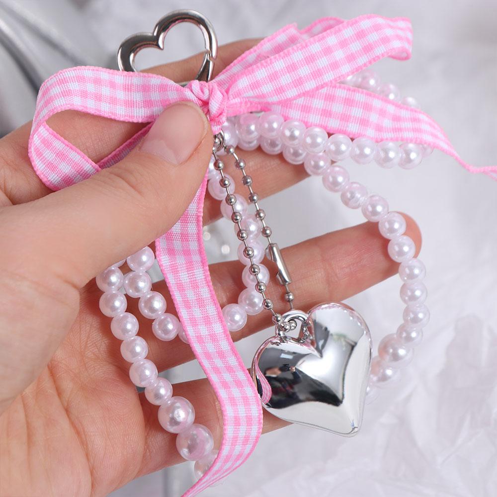 Cartoon Plaid Ribbon Bow Key Chain Pearl Phone Pendant Cute Balletcore Keychain  Bag Hanging