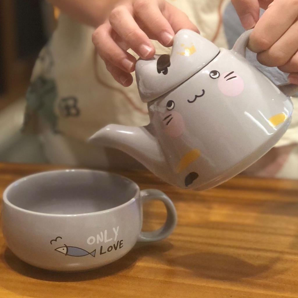 400ml Fat Cat Keramický hrnec Matka a dítě Kávový čajový set Konvice Japonská kreslená konvice na čaj 1 hrnec 1 šálek