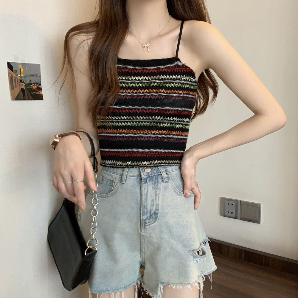 Women's Striped Knitted Camisole Vest Summer French Style Stylish Slim Fit Slimming Bottom Shirt Sleeveless Top