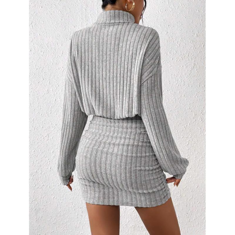 Autumn Winter Slim Fit Fashion Ribbed High Neck Bodycon Long Sleeve Dress