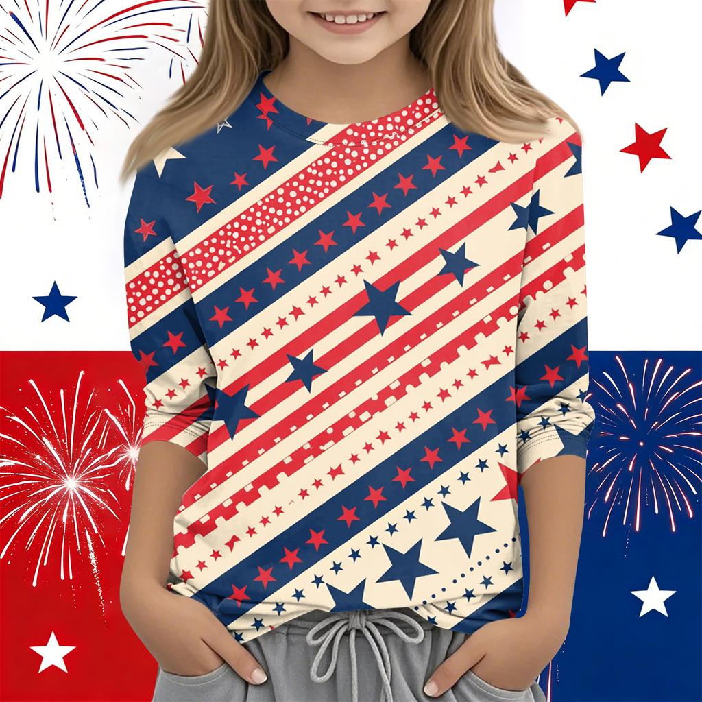 Print-Oberteile für junge Mädchen Rundhals 3/4-Ärmel T-Shirts Trendige Oberteile Outfit-T-Shirts Unabhängigkeitstag