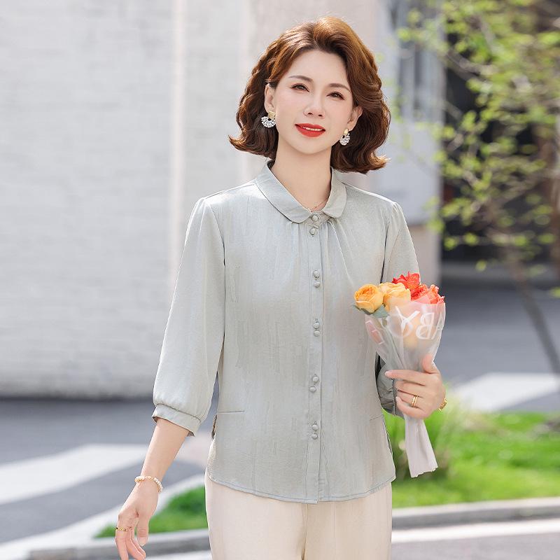 

Elegant Summer Shirt for Middle-Aged and Elderly Women: Lapel, Short Sleeves, Casual Slimming Style, Split Hem, Cardigan. 3XL