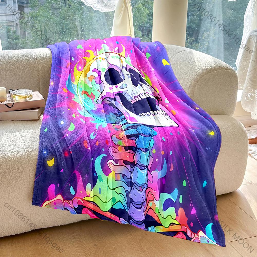 Multisize Neon Skull Art Blanket Warm Soft Fluffy Kids Adult Luxury Gifts for Sofa Bed Home Outdoor Travel Camping Blanket