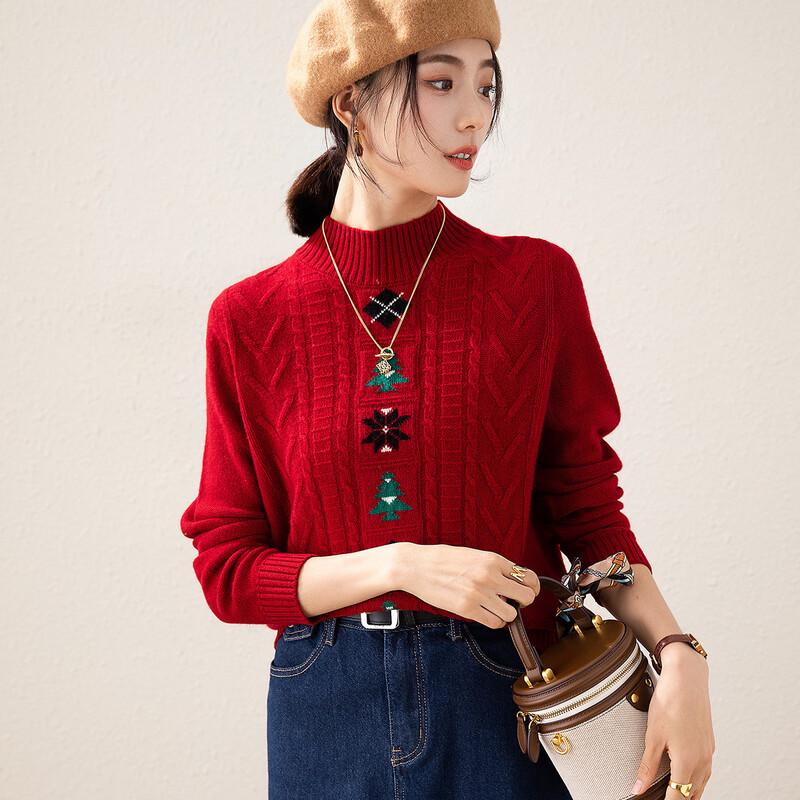 TUHUANG Women's Thick 100% Wool Christmas Jacquard Semi-High Collar Sweater