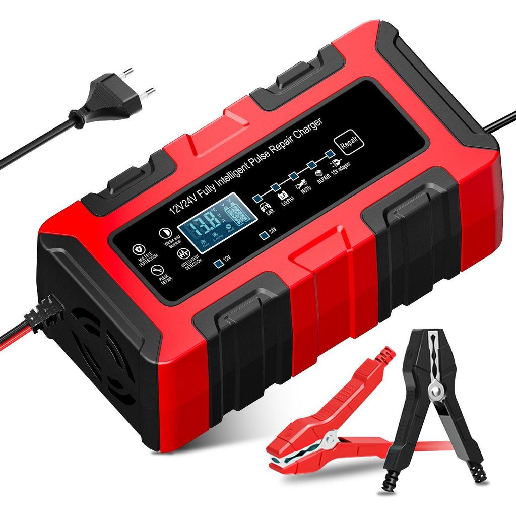 12V/24V 10A Smart Pulse Car & Motorcycle Battery Charger with Large Display