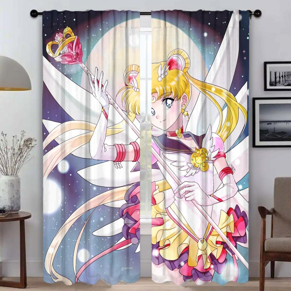 SailorS Moon Anti-mosquito Curtains 2 Pieces Modern Living Room Curtains for Camera Halloween Decoration Window Curtain Shades