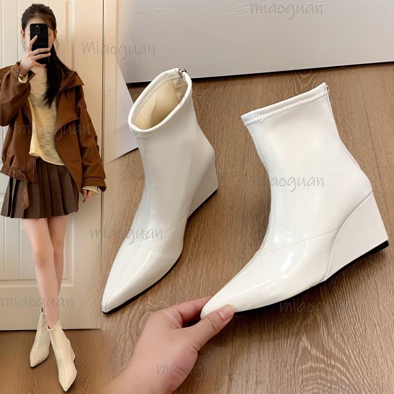 Pu Leather Women's Brown Short Boots Wedges High Heel Pointed Toe Modern Boots for Women Luxury Party Footwear Fashion Botines
