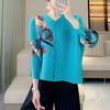 2025 Spring Butterfly Print Ruched Nine-Sleeve Cardigan: Chinese Style Buttoned Top for Moms