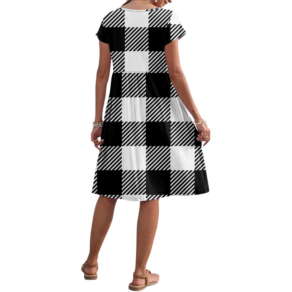 Women's Summer Fashion Casual Round Neck Short Sleeve Plaid Print Dress