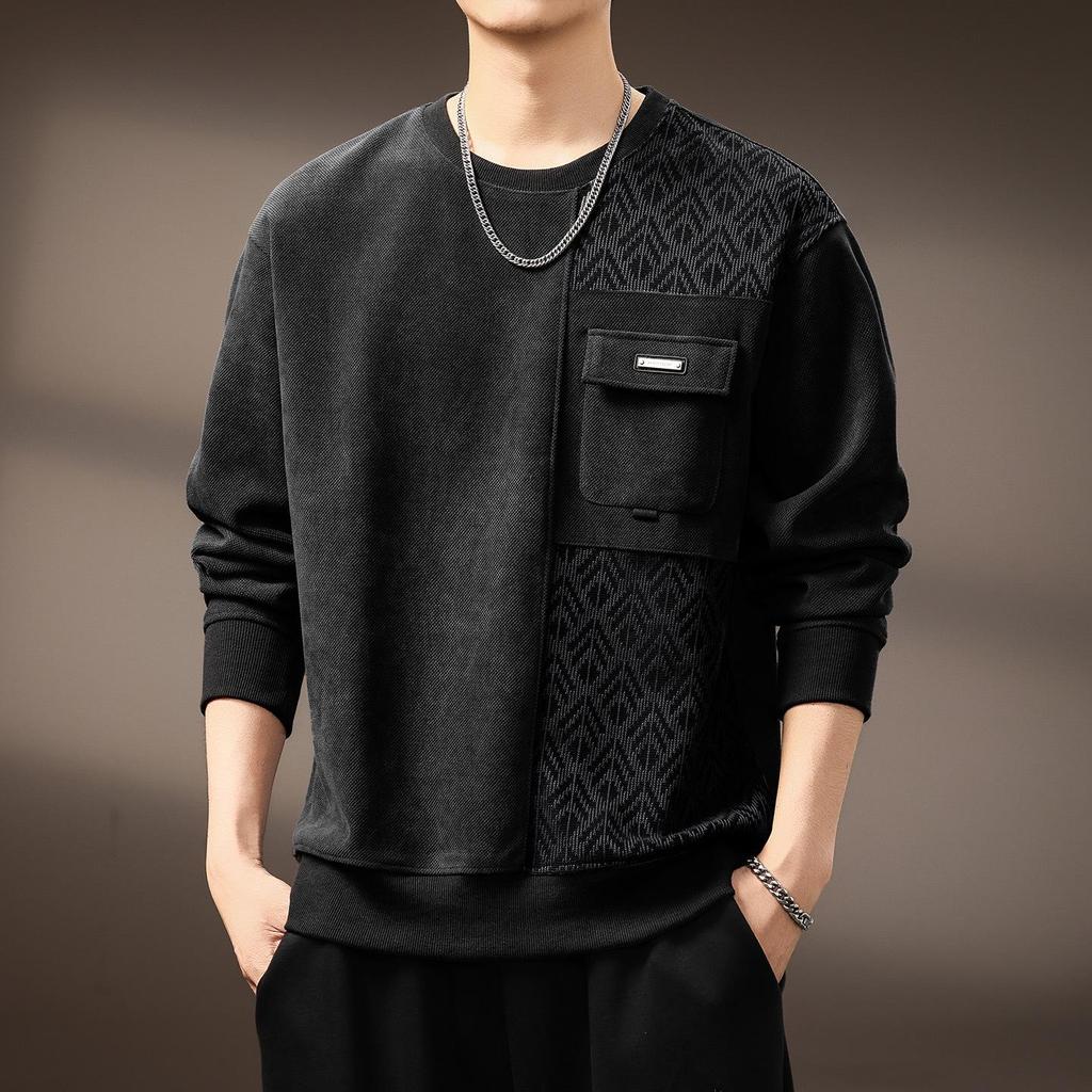 High-End Retro Jacquard Patchwork Raglan Sleeve Men's Sweatshirt - Autumn Heavyweight Trendy Round Neck Casual Top