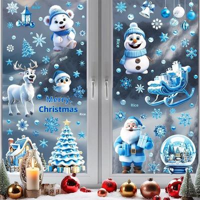 Blue Santa Claus Christmas Window Stickers Cute Reindeer Gingerbread Man Wall Sticker Home Decoration Decal Noel Kerst Navidad