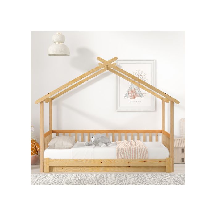 Lit cabane extensible, lit de maison, lit d'enfant, lit de jour, lit simple et double, bois massif pur, naturel (200x90cm)