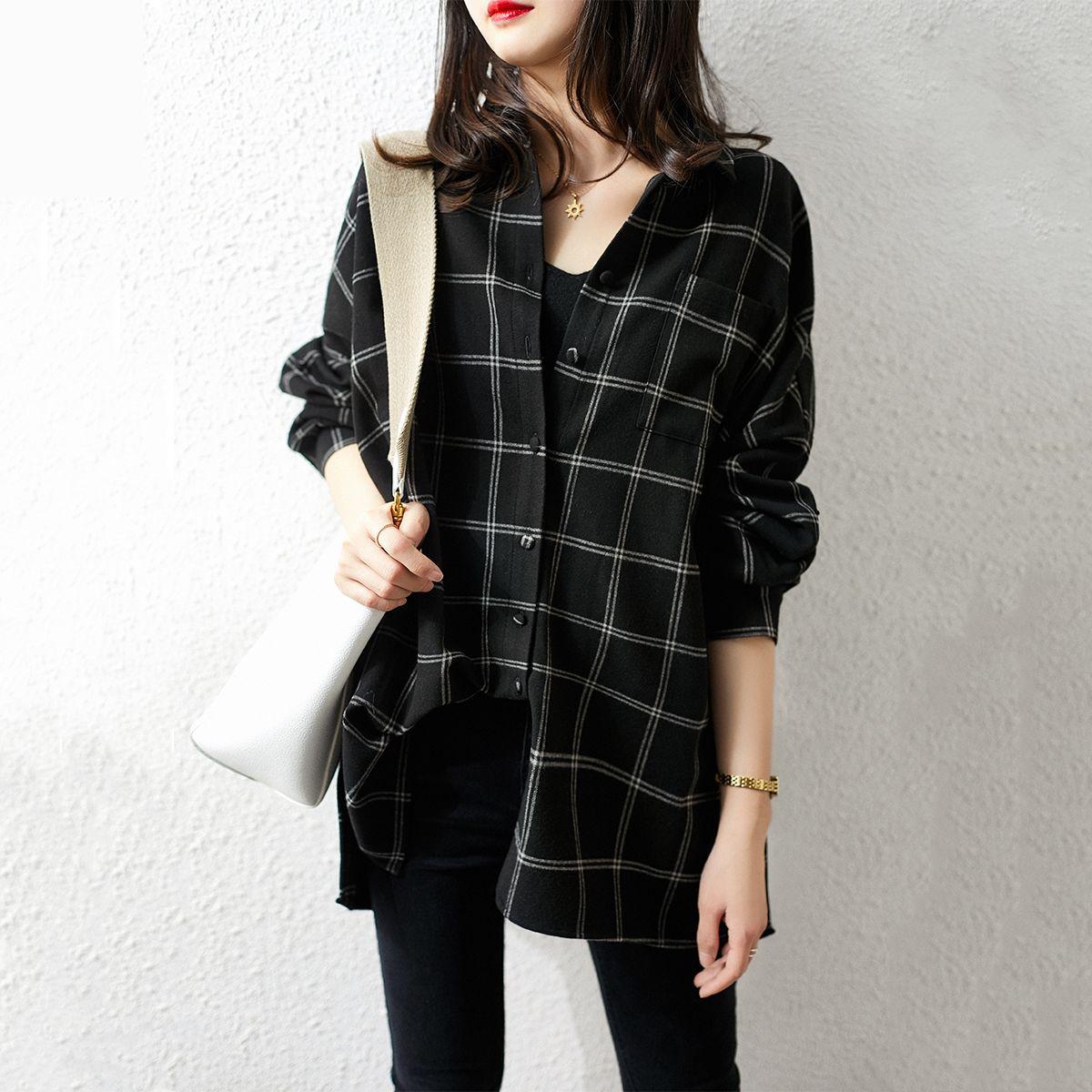

Весна и осень Корейские свободные женщины Клетчатые Повседневные рубашки и блузки Модные топы Уличная одежда