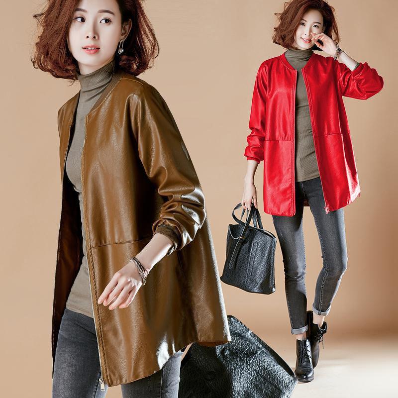 Chaqueta de cuero para mujer, chaqueta de cuero, chaqueta cortavientos, corte ajustado, chaqueta de béisbol de talla grande, largo medio a largo