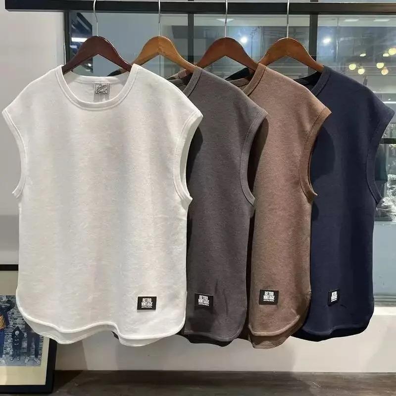 Summer Men Thin Vest Round Neck Waffle Sleeveless Solid Color Casual Waistcoat Fitness Sports Basketball