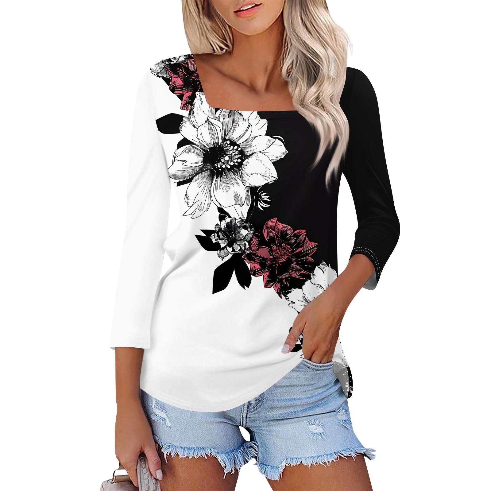 

Рубашка для женщин, модная повседневная свободная футболка с квадратным вырезом и рукавами 3/4, женский топ XL белый