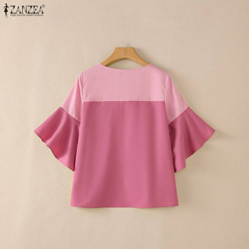 ZANZEA Women Elegant V-Neck Ruffles 3/4 Sleeve Loose Casual Blouse
