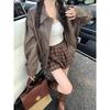 Women's High-End Retro PU Leather Coffee Jacket - Slimming, Windproof, Long Sleeve, Motorcycle Style.