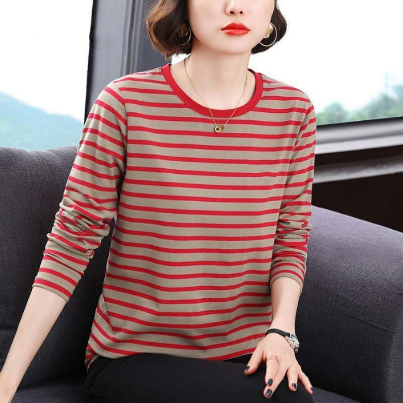 Women S Plus Size Long Sleeve Striped T Shirt Korean Style Base Layer
