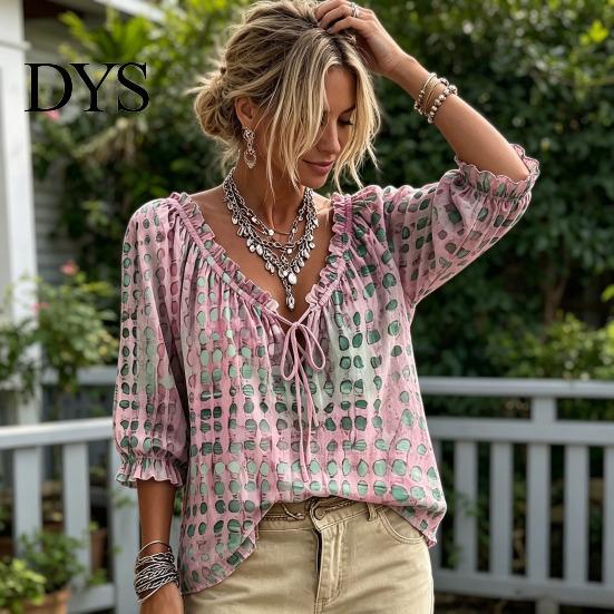 Dreiviertel Puffärmel Oberteil Damen Sommer Lässig Hemd, V-Ausschnitt Schnürung 3/4 Bluse, Kariert Boho Locker Bluse Druck Fließende Oberteile, Leicht Atmungsaktiv