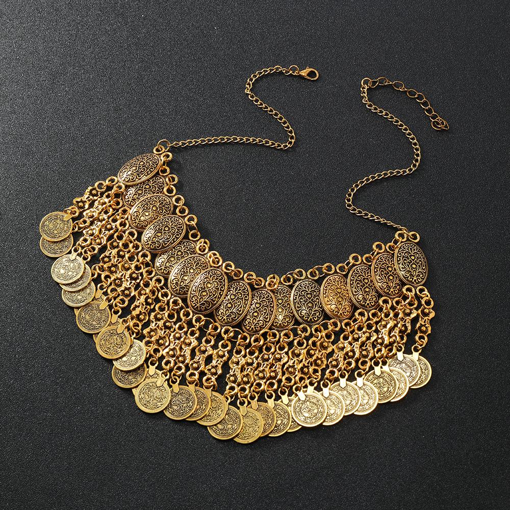 Gypsy Bohemian Vintage Statement Necklace Antique Gold Color Metal Coin Tassel Big Chunky Necklace For Women Turkish Jewelry
