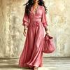 Women's Lace V-Neck Tie Waist Dress with 3/4 Bell Sleeves for Casual and Elegant Vacation
