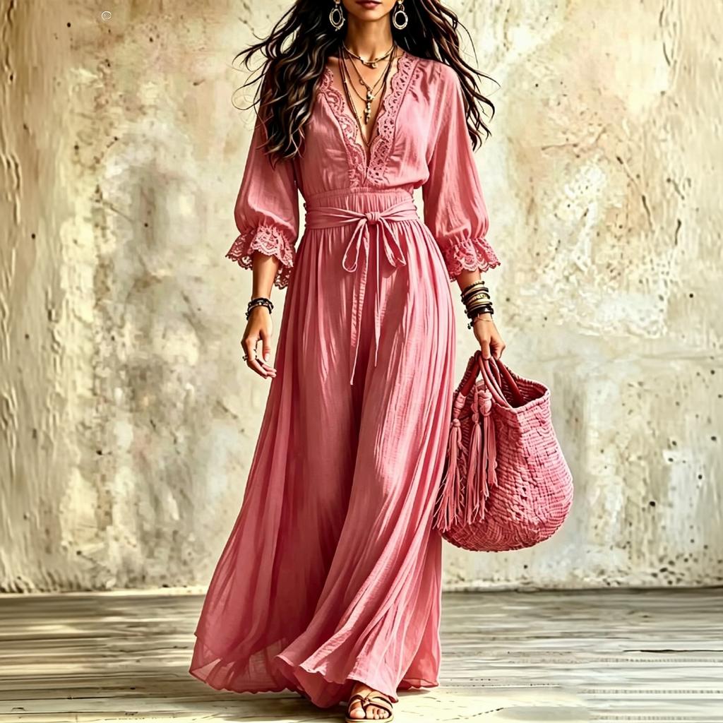 Women's Lace V-Neck Tie Waist Dress with 3/4 Bell Sleeves for Casual and Elegant Vacation