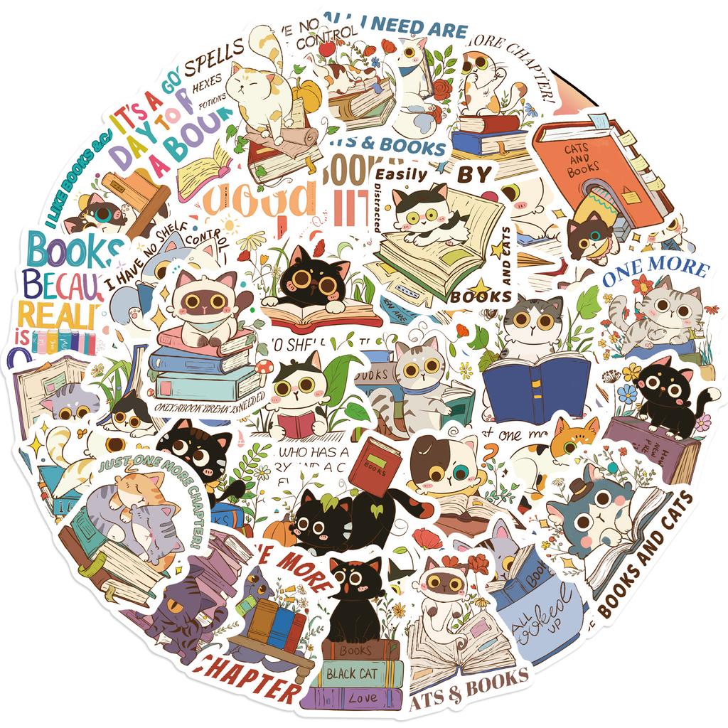 60 Hand-drawn Cartoon Cats and Books Doodle Stickers Decorate Guitar Notebook Suitcase DIY
