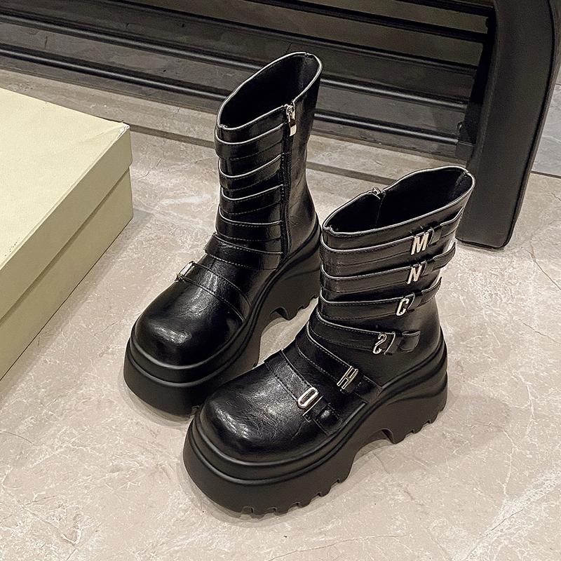 Fashion Women Punk Boots 9.5CM High Platform Outdoor Leather Shoes New Autumn Winter Metal Mid-calf Boots Hidden Heels Motorcycle Boots