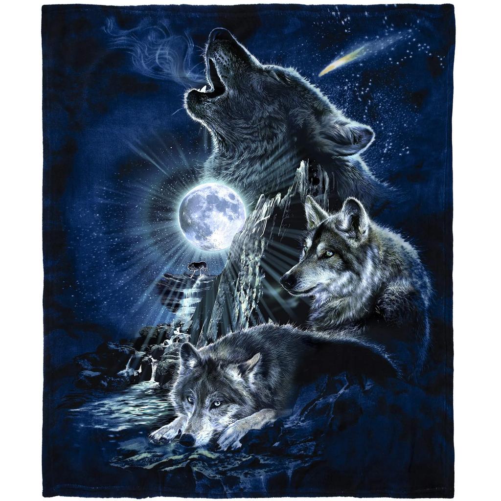 Colorful Galaxy Wolf Blanket, Soft Cozy Warm Fuzzy Flannel Throw Blankets, Wolf Purple Planet Blue Earth Blankets for Sofa Bed