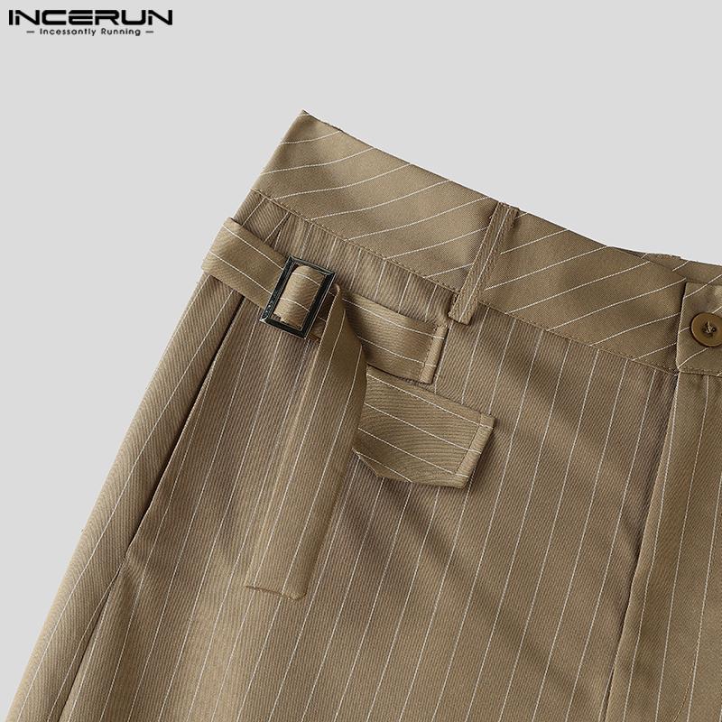 INCERUN Men Casual Zipper Waist Striped Wide Legs Pants Long Trousers