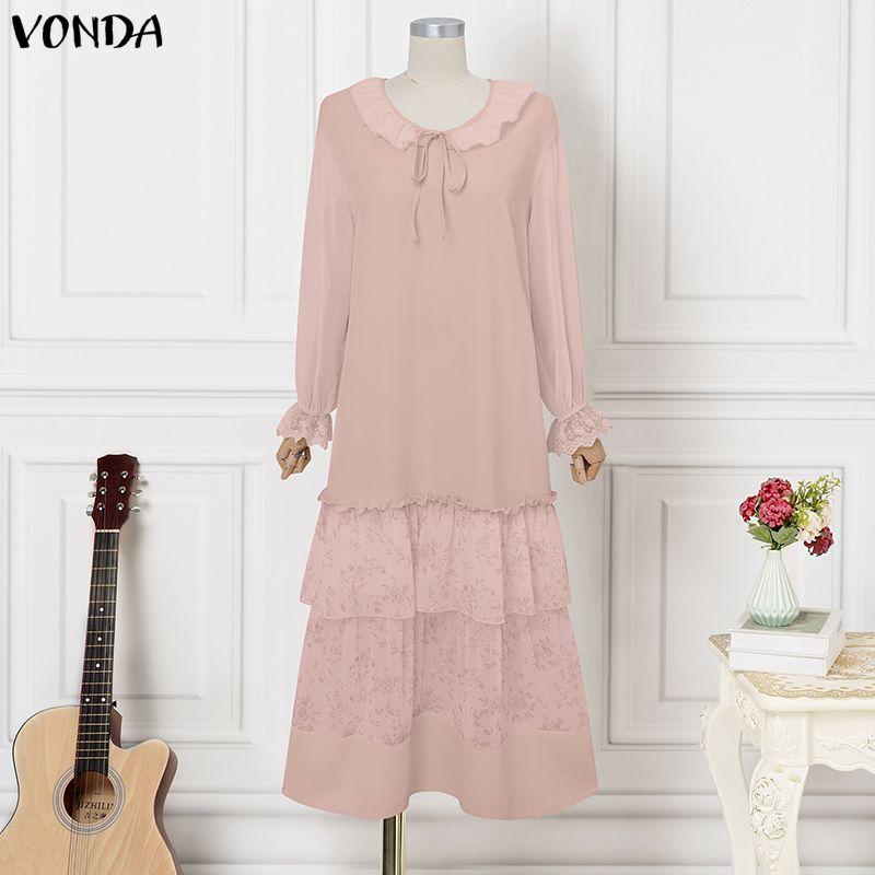 VONDA Summer Women Round Neck Long Sleeve Floral Patchwork Pleated Long Dress