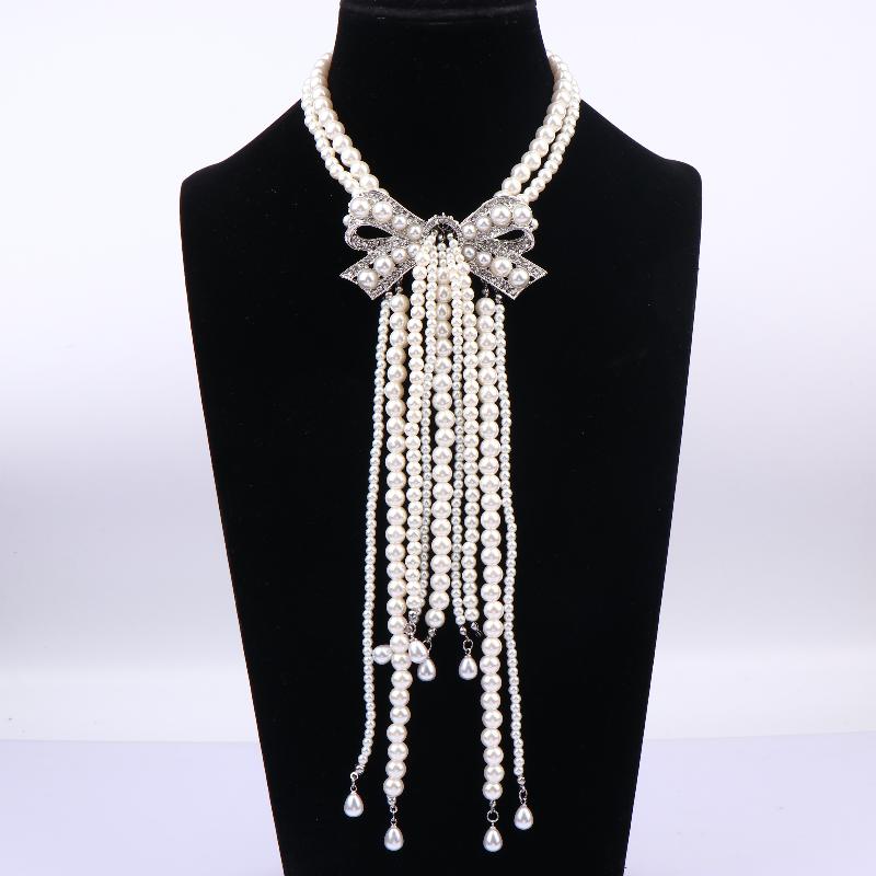 Light Luxury High-End Full Diamond Bow Pearl Tassel Necklace Banquet Runway Dress Accessories For Women Gift
