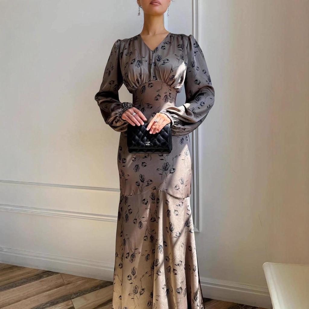 2025 Autumn V-Neck Floral Satin Evening Dress - High-Waisted & Slimming Design for European and American Women