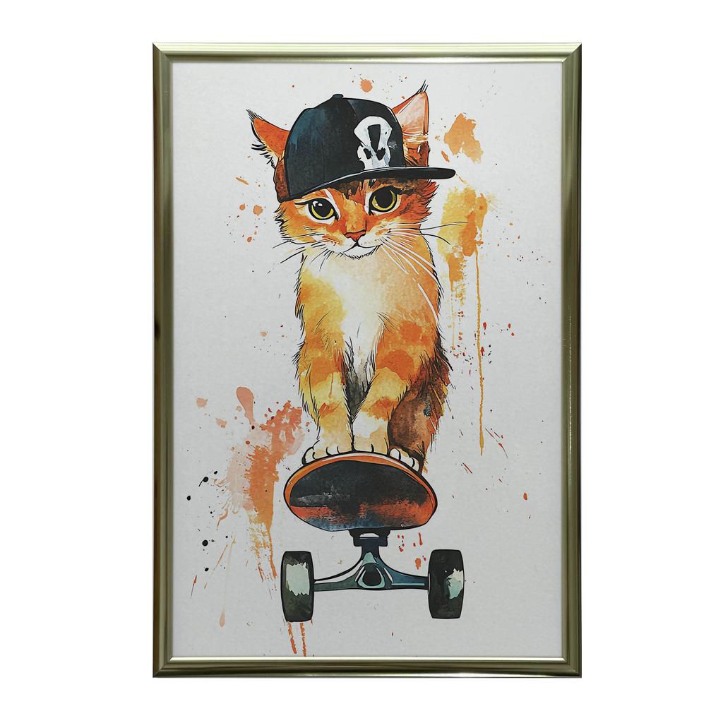Plakat Kotek Na Desce Snowboardowej Plakat Kotek Na Desce Snowboardowej, 40X50 Cm, Rama Aluminiowa Czarna, Papier Matowy 230 Gsm