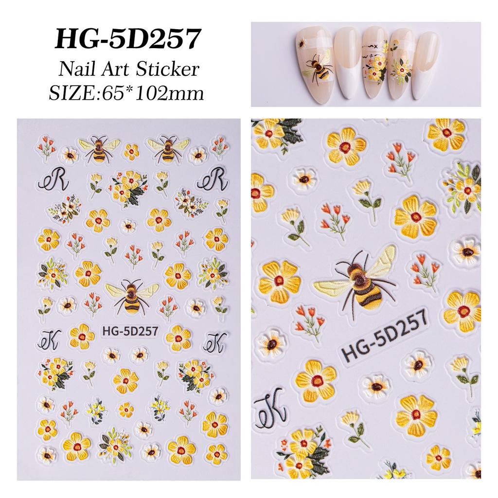 5D Embossed Sunflower Bee Nail Stickers - Three-Dimensional Embroidery Style