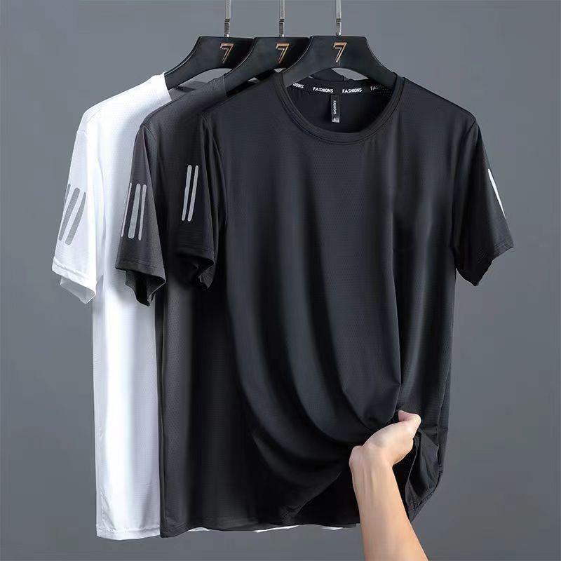 Chemise à manches courtes en maille de soie, Haut uni à col rond pour homme, T-shirt de sport à séchage rapide et toucher frais pour homme