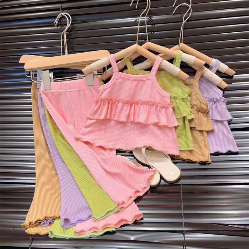 Girls Summer Ice Silk Camisole Dress and Flare Cropped Pants Set – Sleeveless Two Piece Outfit for Kids