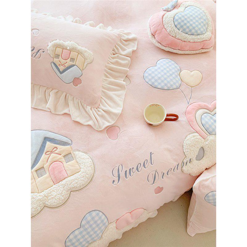 Winter Cartoon Princess Milk Velvet Bedding Set - Coral Fleece, Warm, Four-Piece for Girls