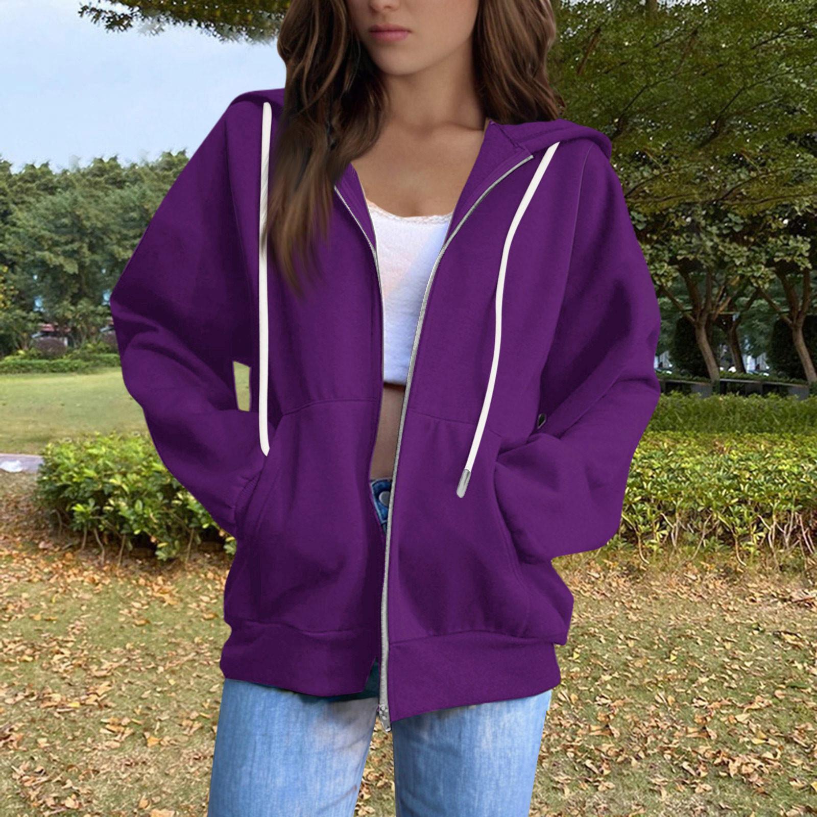

Женская однотонная толстовка с длинными рукавами, круглым вырезом, плюшевой молнией, капюшоном и шнурком S темно-фиолетового