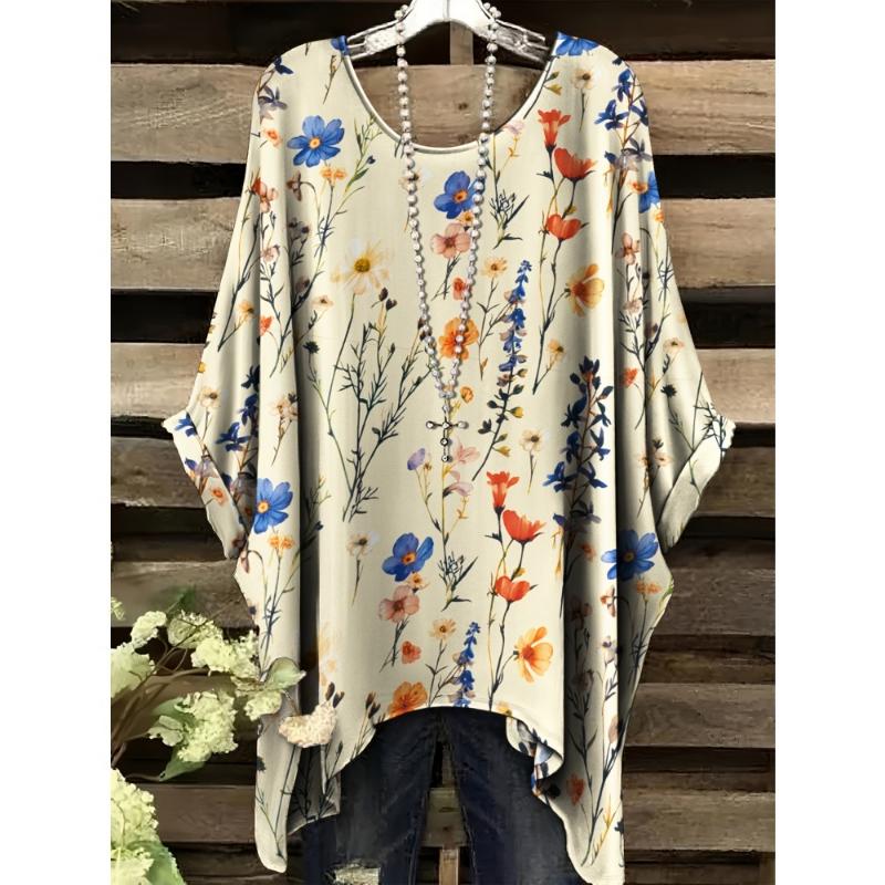 Camiseta Bohemia Elegante de Dos Tonos para Mujer de Verano - Estampado Floral de Corazón con Mariposa Cuello Redondo Blusa Casual Amantes del Boho 2025